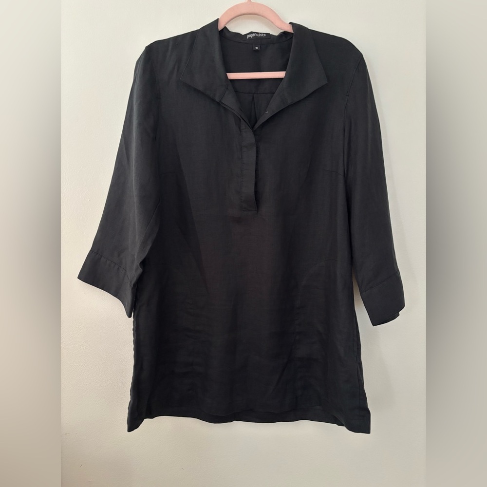 Paperwhite Black Linen V-Neck Collared Half-Button Shirt/Tunic Size 8